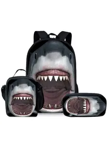Shark pattern printed 17-inch backpack three-piece set (single-layer backpack + shoulder strap lunch bag + single-layer pencil bag)