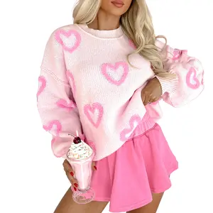 Mntaor Women's Soft Pink Knit Sweater with Heart Print & Puffy Bubble Sleeves, Cute Baggy Date Top