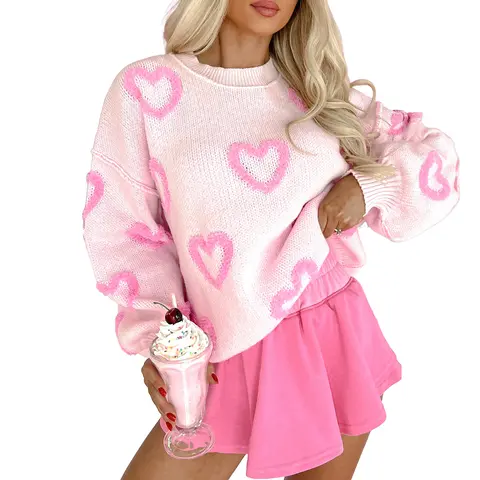 Mntaor Women's Soft Pink Knit Sweater with Heart Print & Puffy Bubble Sleeves, Cute Baggy Date Top