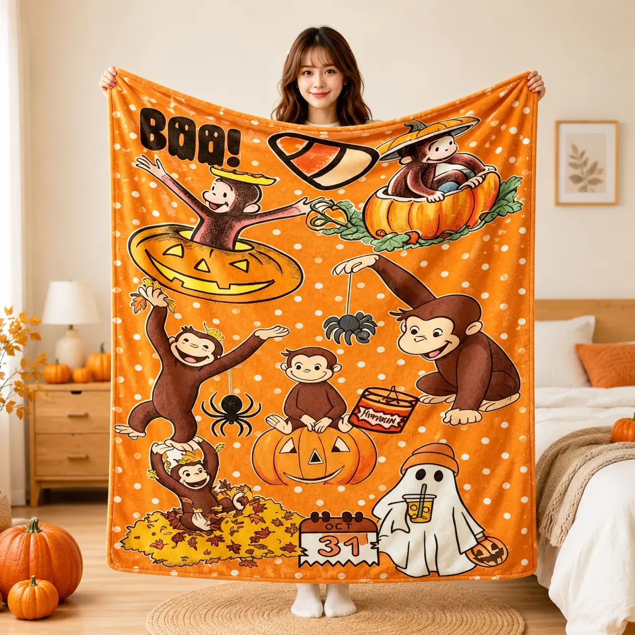 Curious George Halloween Monkey Flannel Blanket Cute Spooky Pumpkin Ghost Cartoon Print Soft Cozy Plush Throw Blanket For Couch Sofa Bed Bedroom Living Room Fall Holiday Movie Night Halloween Party Seasonal Throw