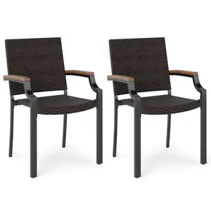 COSTWAY - Stacking Wicker Chairs Set of 2 Patio Rattan Dining Chairs with Acacia Wood Armrests