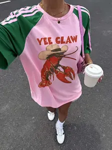 Women's New Colorblock Lobster Letter Print T-Shirt, Breathable Fabric, Casual Sporty, Loose Fit, Short Sleeve, All Seasons, Comfortable Travel Top
