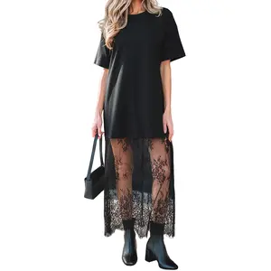 Mntaor Women's Black Oversized T-Shirt Maxi Dress with Sheer Lace Hem Drop Shoulder Short Sleeve Perfect for Street Style