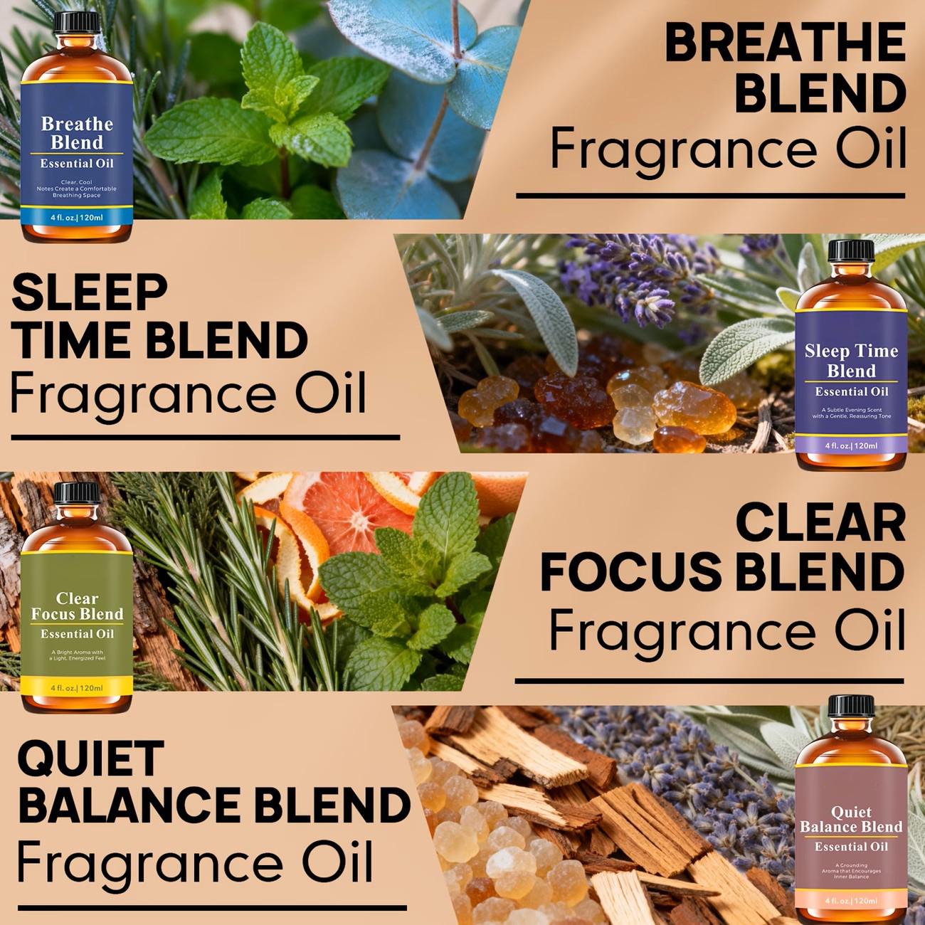 120ml/ 4oz Essential Oil Blend: Breathe, Sleep Time, Clear Focus, Quiet Balance Essential Oil for Humidifiers, Diffusers, Candle, Perfume Spray, Soap Making, Flavored Air | Yoga, Sleep, Meditation