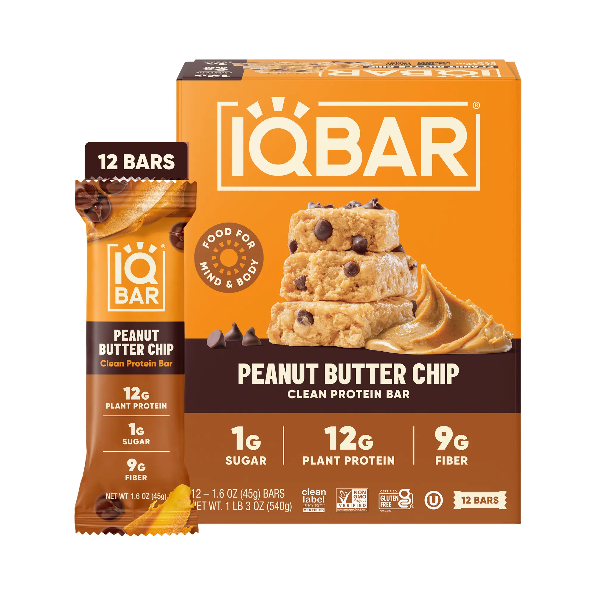 IQBAR Clean Plant Protein Bars, Peanut Butter Chip 12-Count | High Protein Snack