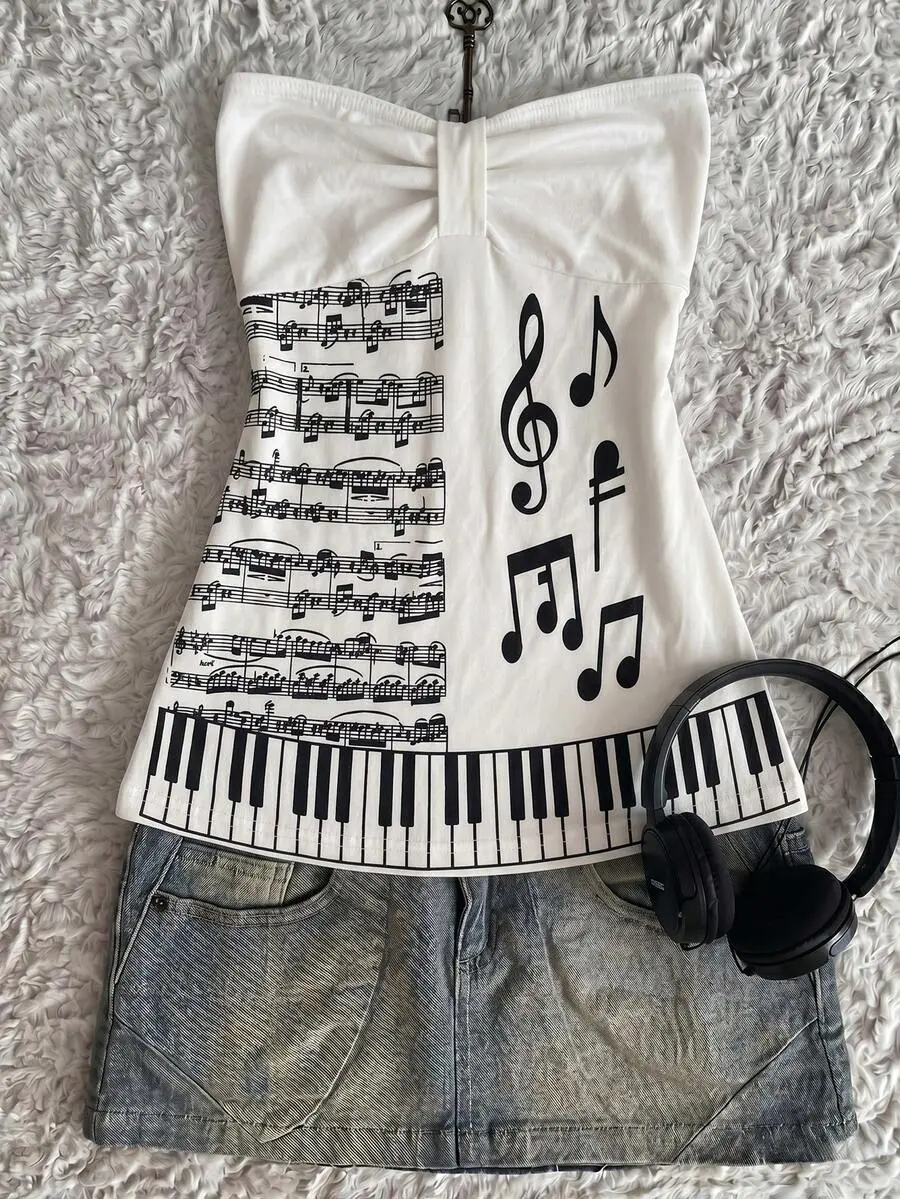 Y2K Vintage Music Note Piano Keyboard Print Twist Front Tube Top, Women Sleeveless Strapless Slim Fit Camisole