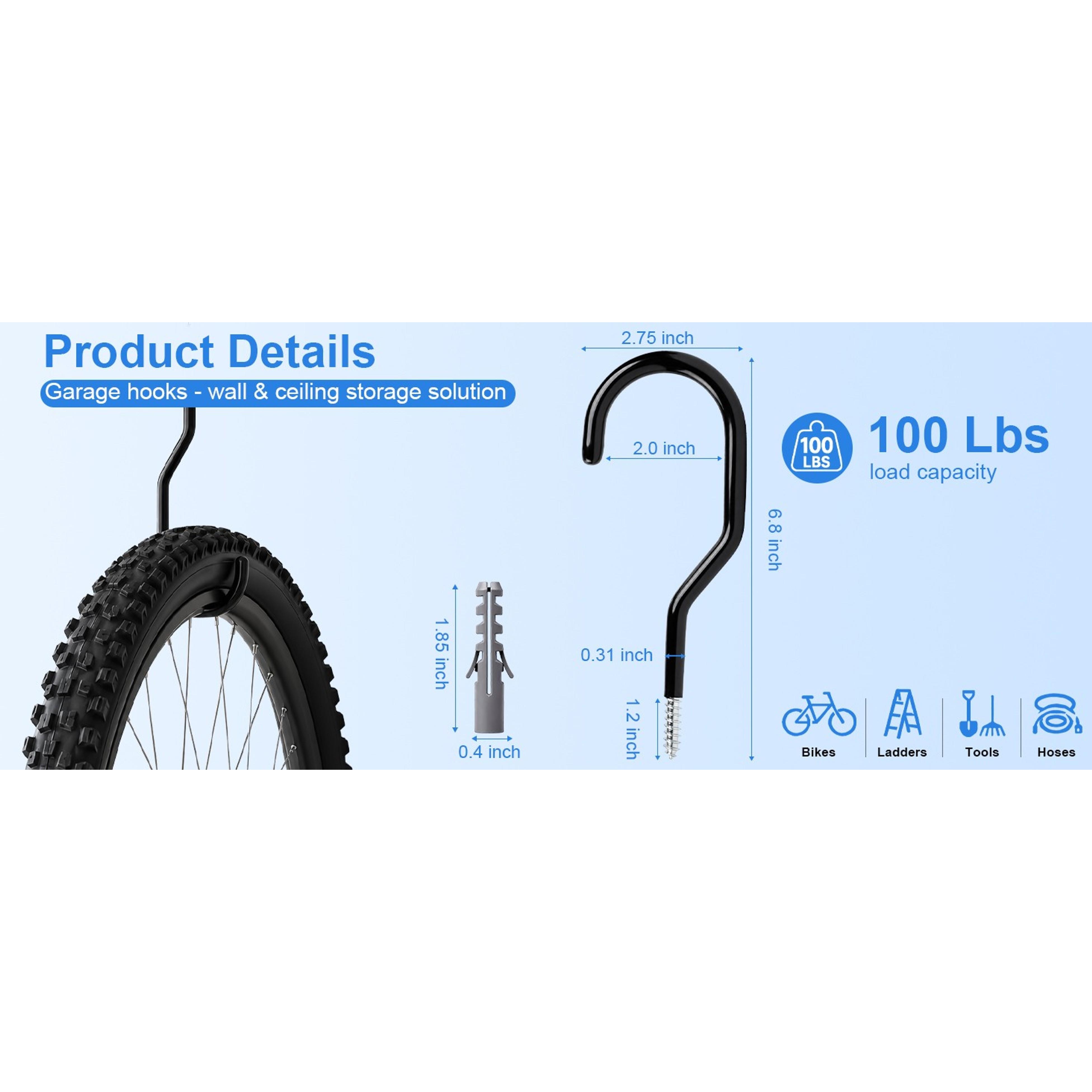Heavy Duty Bike Hooks for Garage Wall Ceiling Mount, 100lbs Capacity Carbon Steel Bicycle Hangers with Anchors, Wide Opening Utility Storage Hooks for Mountain Road Bike Ladder 2 Pack