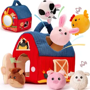 Portable Baby Barn Toy Box Farm Mini Cute Soft Stuffed Doll Montessori Toddler Sensory Toy with Filled Farm Animals for 1-3 Years Old Children