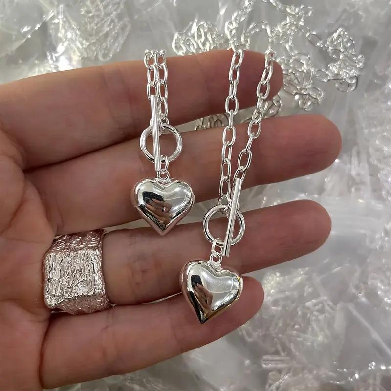 Easter Gift for her, Silver Heart-Shaped Pendant Necklace, Romantic Clavicle Chain with OT Buckle Design, Ideal Daily Wear for Girls & Women