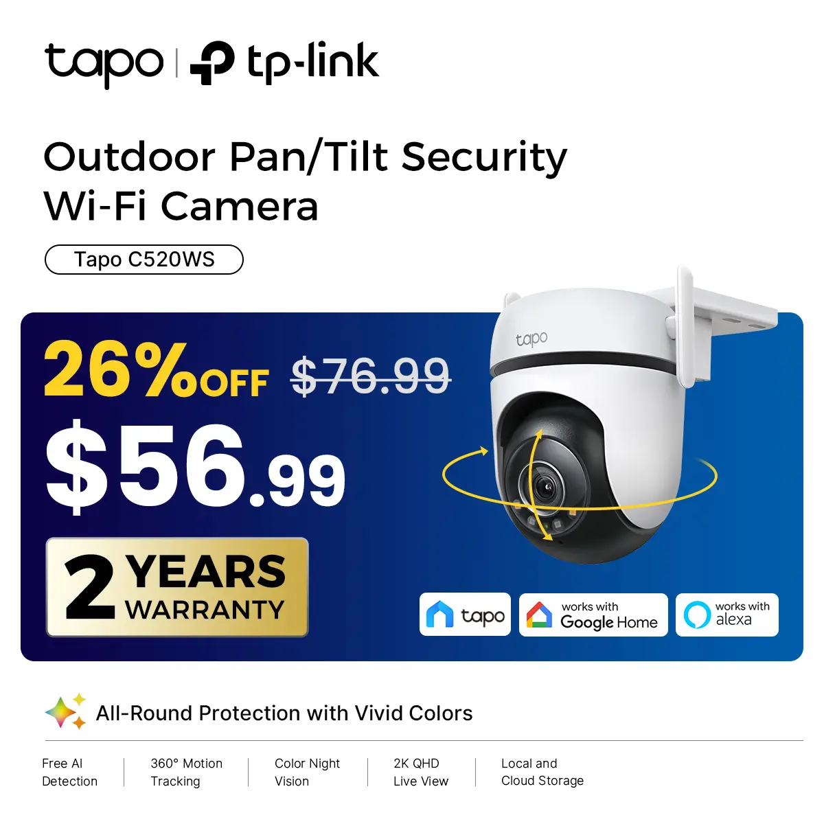 TP-Link & Tapo C520WS - 2K QHD Outdoor Pan/Tilt Wi-Fi Security Camera with 360° View, Motion Tracking, Color Night Vision, AI Detection, and Cloud & SD Card Storage Protection Surveillance Durable Adjustable