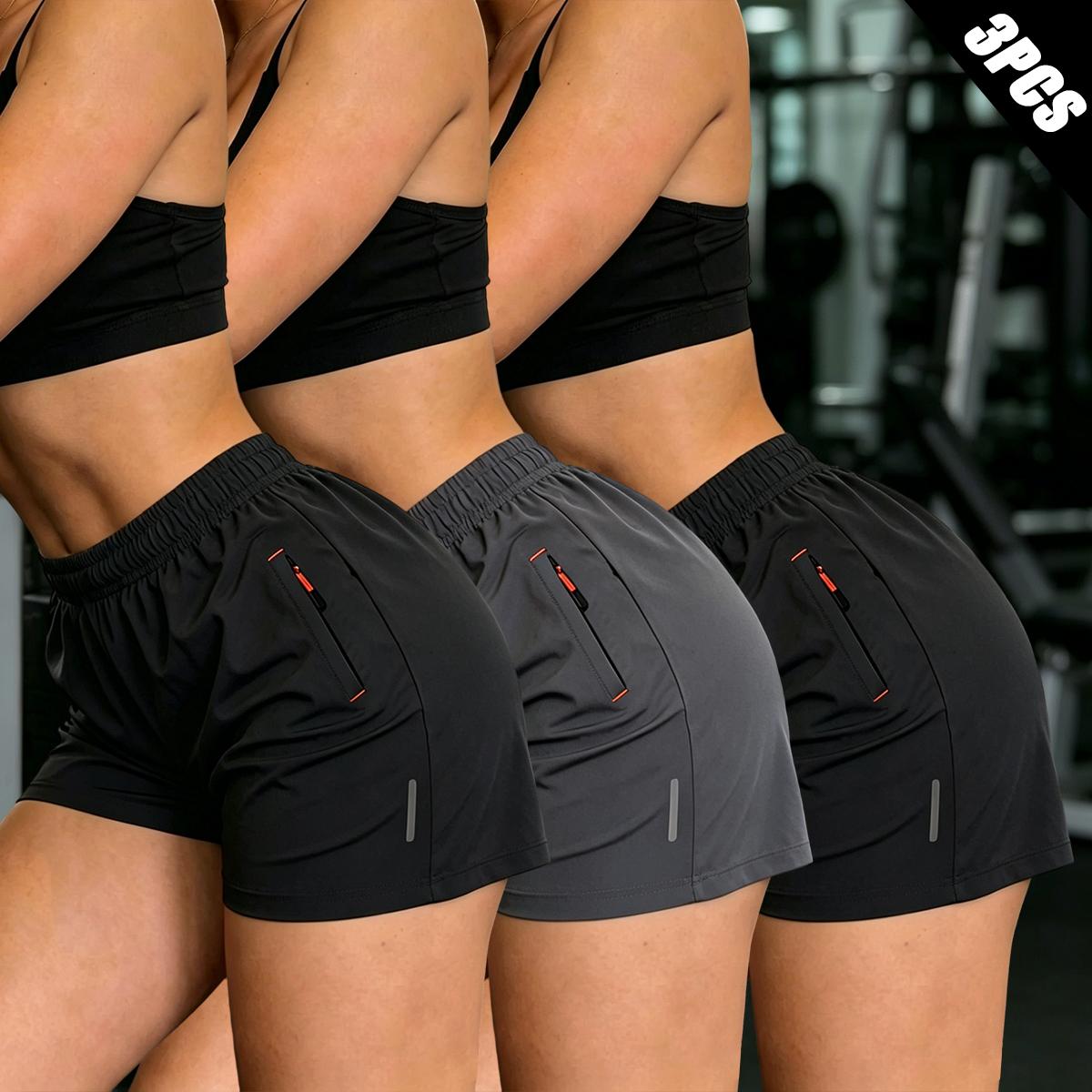 Women's 3-Pack High-Waisted Athletic Shorts, Loose-Fit Lightweight Polyester for Running Workouts with Zip Pockets and Drawstring, Drawstring Active Shorts, Fitness Workout Shorts