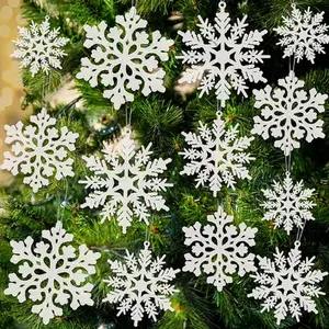 24PCS Snowflake Ornaments Christmas White Glitter Snow Flakes Tree Decorations for Indoor Ceiling Fireplace Winter Wonderland Xmas Tree Ornaments