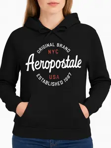Black Hoodie With Aeropostale Nyc Usa Logo Print Casual Wear Personalized Unisex Women Winter Cozy Fleece Hooded Long Sleeve Suitable For All Outfits Made In Usa
