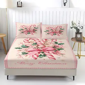 3-Piece Christmas Themed Christmas Candy Printed Fitted Sheet Set, Christmas Gift Bow Pattern Bedding Set, Fashionable, Soft, Comfortable, Breathable, Christmas Carnival, Happy New Year, Including 1 Fitted Sheet and 2 Pillowcases