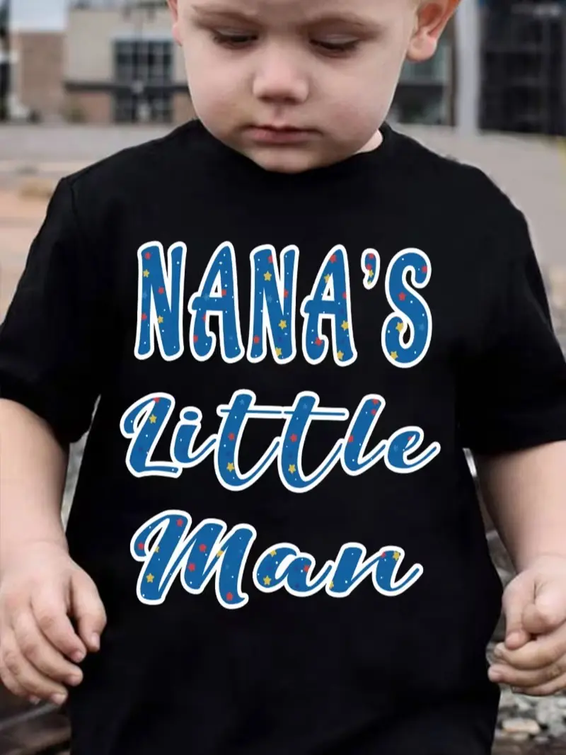 Baby Boys' 100% Cotton Short-Sleeve Pullover Bodysuit, Casual Colorful "Nana's Little Man" Letter Print, All Seasons Breathable Minimalist Top with Medium Stretch, Machine Washable
