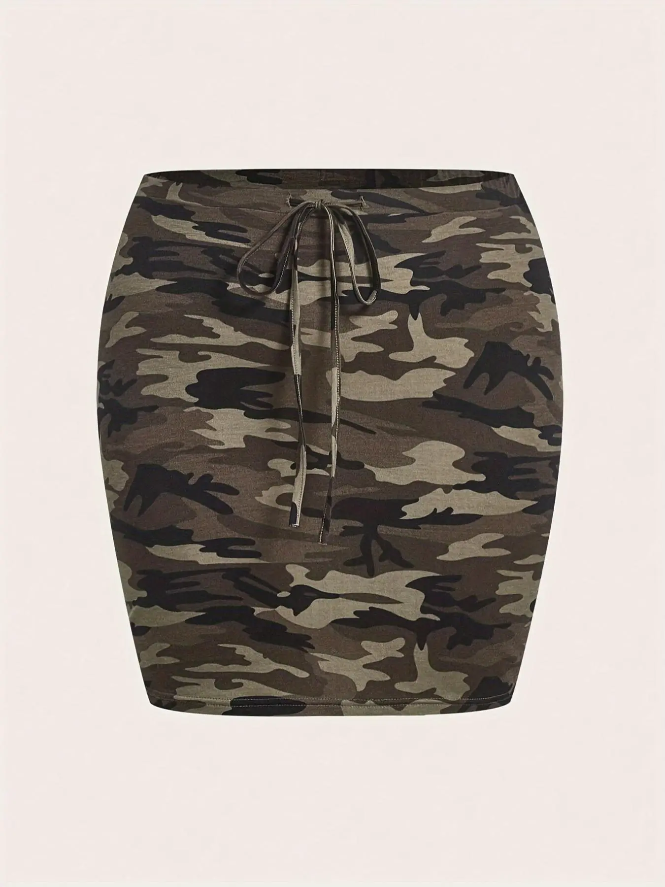 [Plus Size] Camo Print Camouflage Drawstring Waist Fitted Bodycon Skirt, Casual Street Short Skirt for Daily Wear, Women's Plus Size Bottoms for All Seasons, Casual Skirts, Womenswear