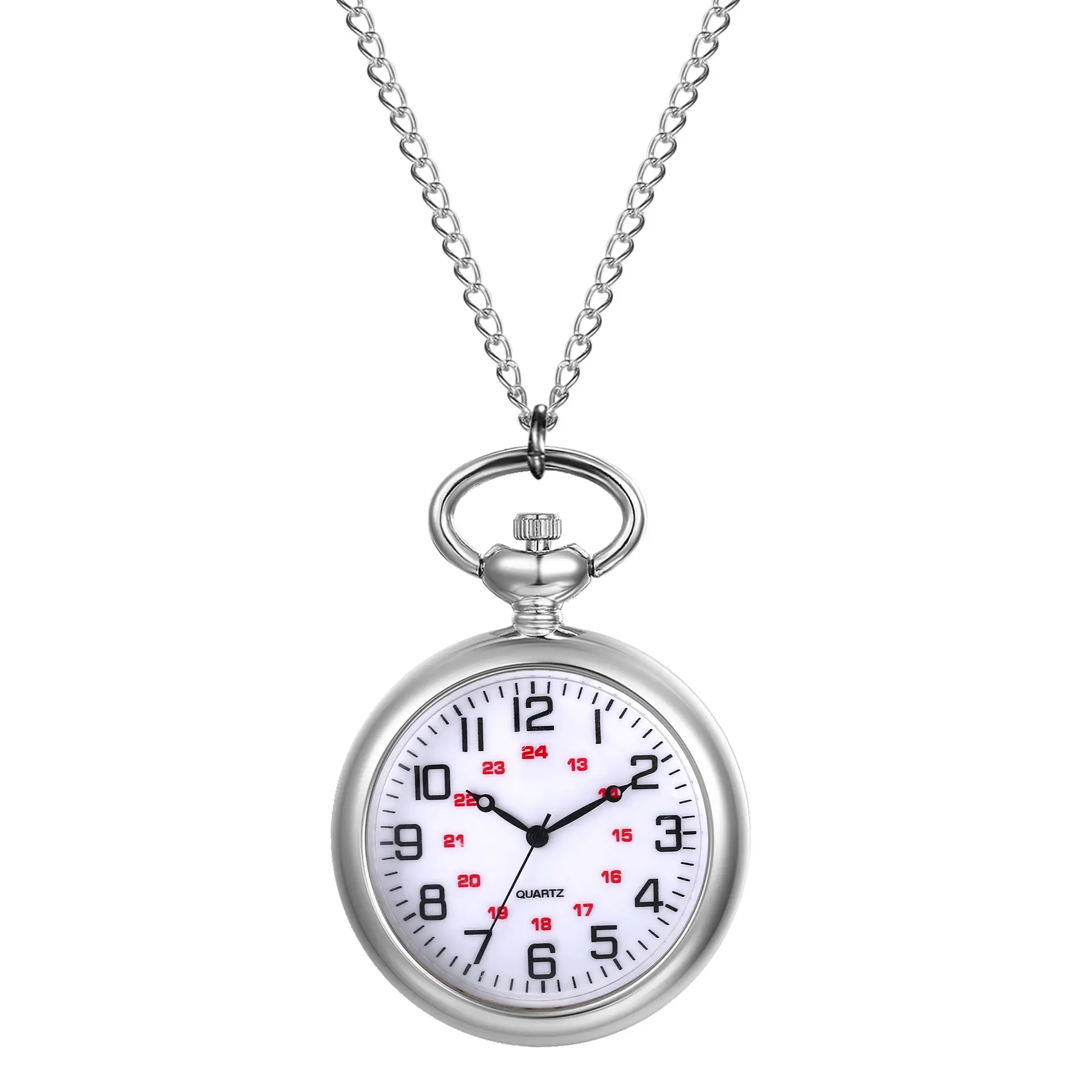 OIDEA Dual-Wear 24H Pocket Watch, Quartz Silver Tone Necklace & Waist Chain Watch, 24-Hour Scale Dial with Two Wearing Options, Unisex Gift
