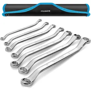 7- Anti-slip Offset Box Wrench Set, Bolt Extractor Wrench Set, Metric, 6-19mm, 50- Offset, CR-V Steel, with Rolling Pouch