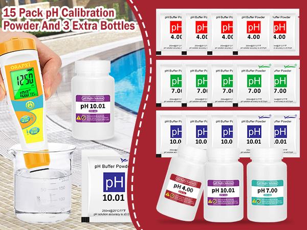 15 Pack pH Calibration Buffer Powder Calibration Solution for Precise Meter Calibration, 4.00pH/7.00pH/10.01pH with Three 250ml Bottles - Professional pH Tester Calibration Kit