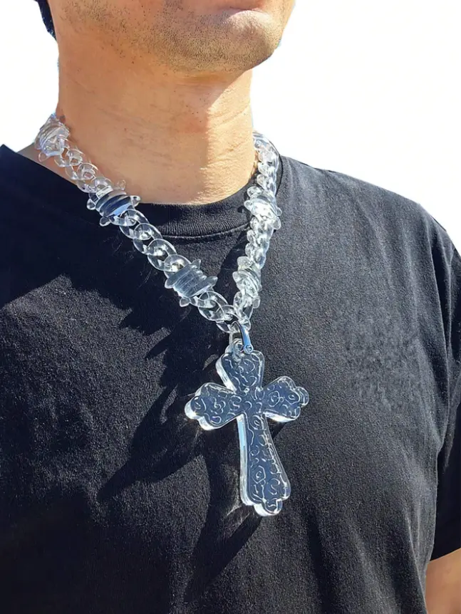 Men's Cross Pendant Necklace – Transparent Multicolor Acrylic Thorn Chain, Gothic Punk Cross Necklace, Fashion Statement Jewelry for Daily Wear