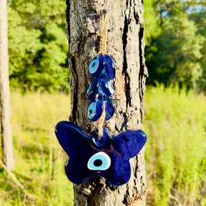 Wall Hanging Macrame Evil Eye Nazar Boncuk Mal De Ojo, Modern Boho Style Home Decor -- Butterfly Amulet with 6 Evil Eyes, Housewarming Gift