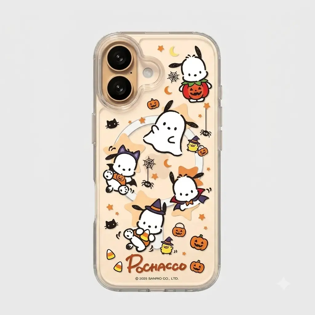 Pochacco Halloween Spooky Clear Case for iPhone 11-17 Pro Max Galaxy S21-S26 Ultra, Cute Kawaii Dog Ghost Transparent Magnetic Protective Phone Cover