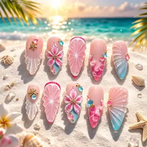 3D Mermaid Seashell Press On Nails, Ocean Flower Beach Pink Shell Starfish Nail Set