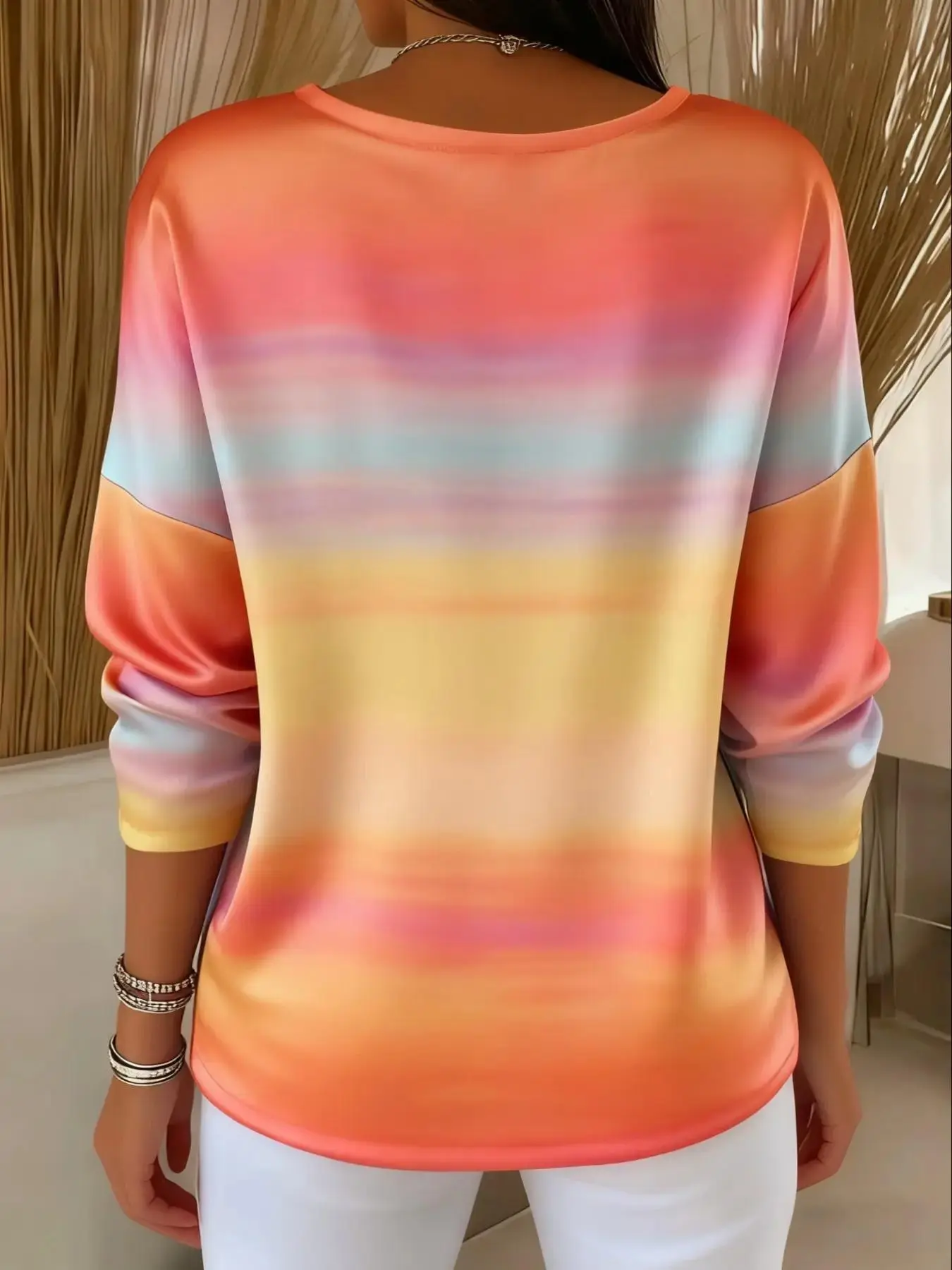 Sleek Women's Gradient Ombre Print Long Sleeve Casual Fitted Sweater Tops, Womenswear Stylish Statement Knitwear for Fall & Winter, Comfortable Fashion Pullover Piece, effortless layering, chic everyday, refined casual