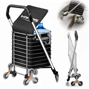 Sekam Stair Climbing Cart 165 lbs Load Capacity Foldable Utility Cart with 50L Waterproof Bag Seat Rubber Tri-Wheels Padded Handle for Travel Shopping Office