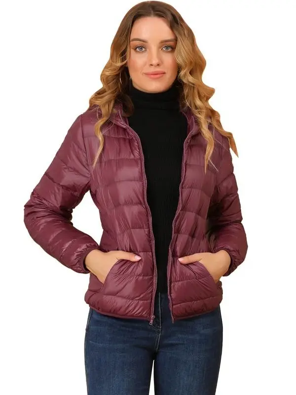 Puffer Coat Winter Long Sleeve Zip Up Hooded Lightweight Packable Down Jacket Burgundy