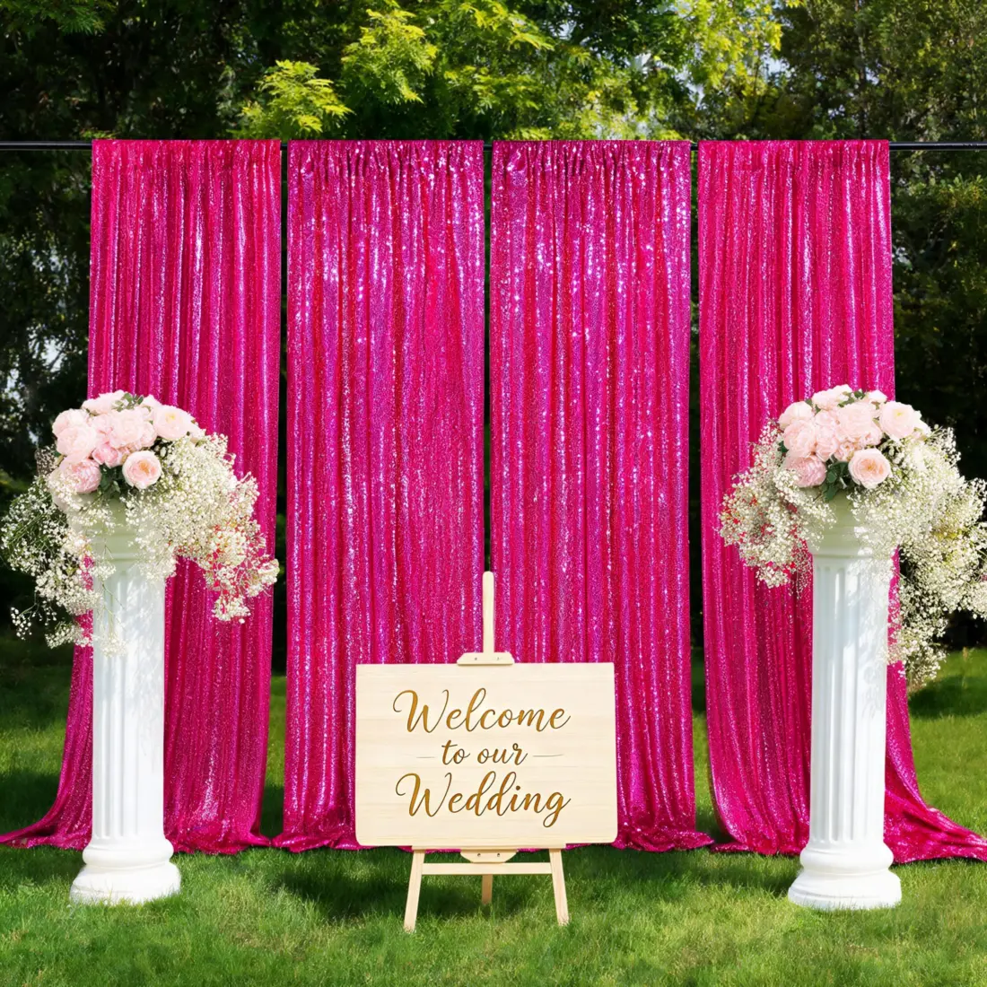 8 Pack Fuchsia Sequin Backdrop Curtain 2x8ft for Photography Props Party Wedding Birthday Halloween Christmas Glitter Background