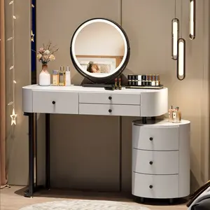 Modern Minimalist Vanity Desk - Makeup Vanity with Round Mirror, Detachable Parts, Rotatable Side Cabinet, 3 Drawers, 3 Lights, Adjustable Legs, Easy Assembly, Solid Colors Indoor Furniture Table
