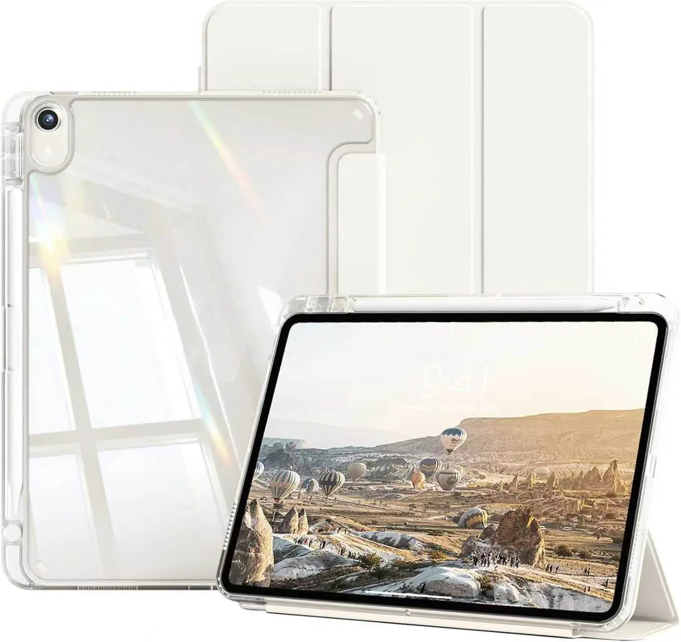 White 1PC Tablet Protective Case Ipad Soft Anti-Fall Protection, Ultra-Thin/Smart Stand/Auto-Wake Compatible with iPad A16/ Air 11 Inch Case with Pencil Holder, Trifold Cover for iPad Air M4 M3 M2, 8th 7th 6th 10th 11th Generation, and Galaxy S9/S9FE/S10+