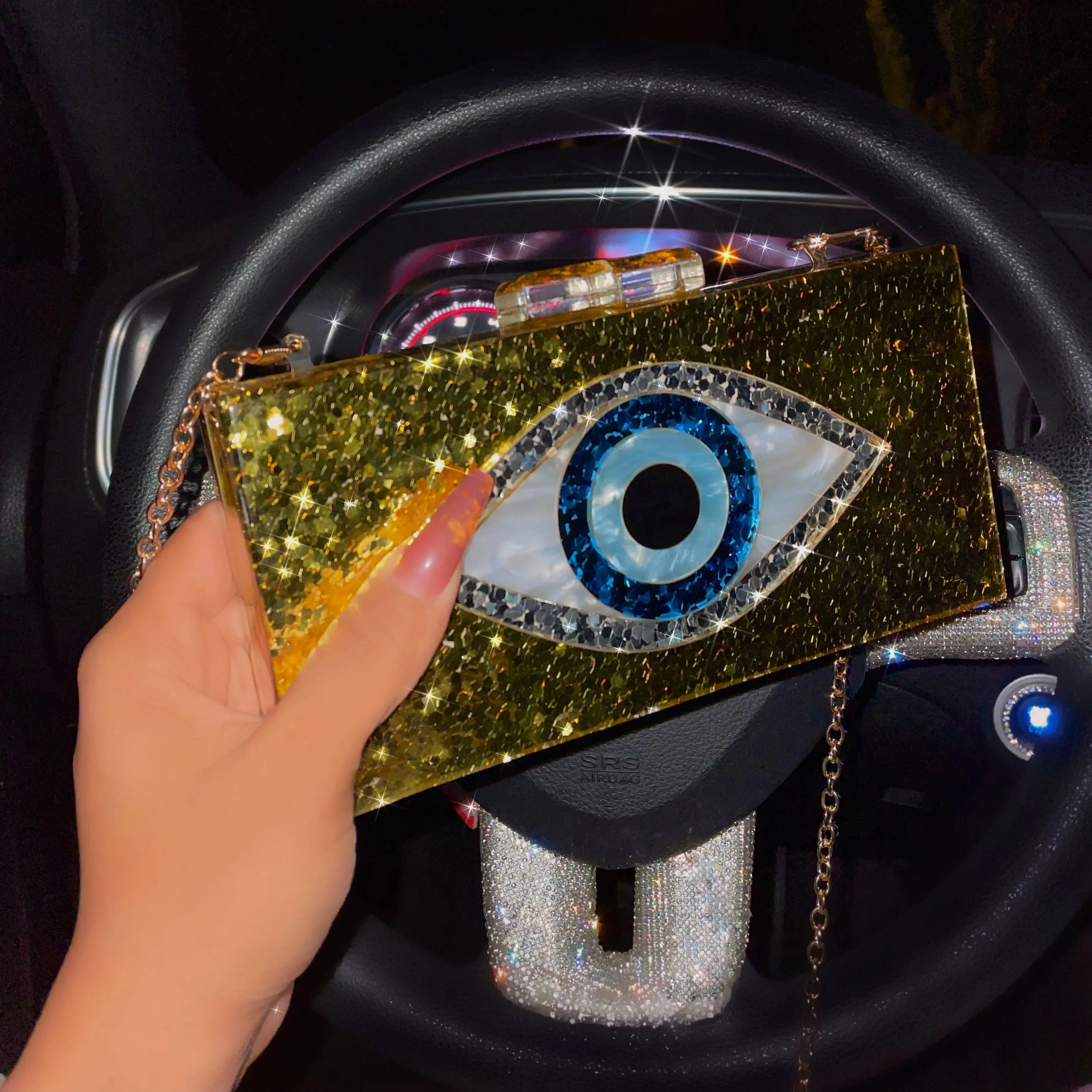 Gold Glitter Resin Clutch, Detachable Shoulder Strap, Evil Eye Design,