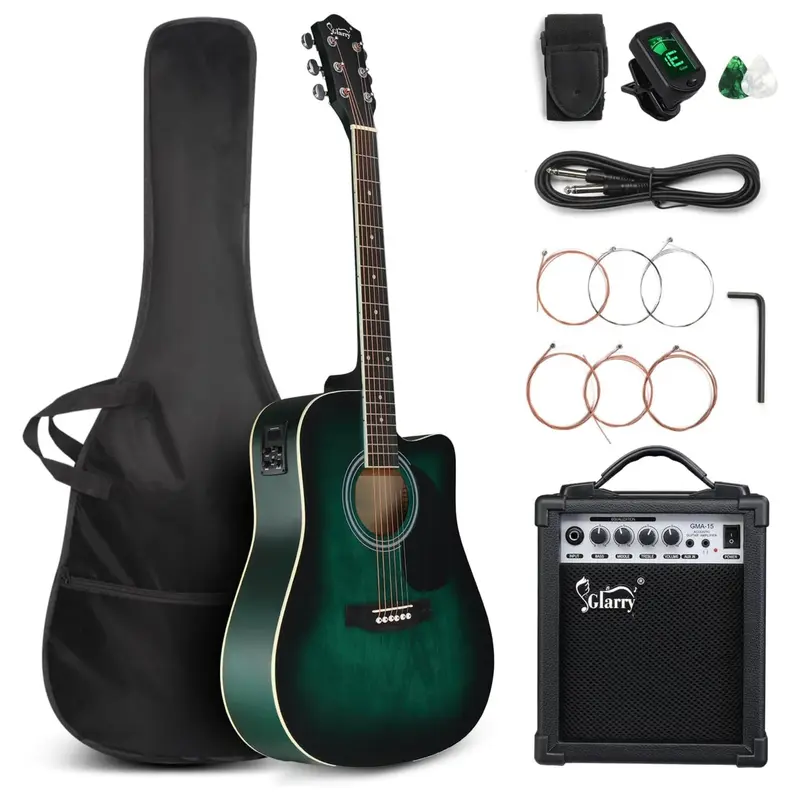 Ktaxon Glarry Full Size 6 Strings Acoustic Electric Guitar Beginner Kit w/ 15W Amp, Cutaway 41 Inch Electric Acoustic Guitar w/Inbuilt Tuner, Bag, Strap, Picks, Strings, Basswood Guitarra, Distressed Green