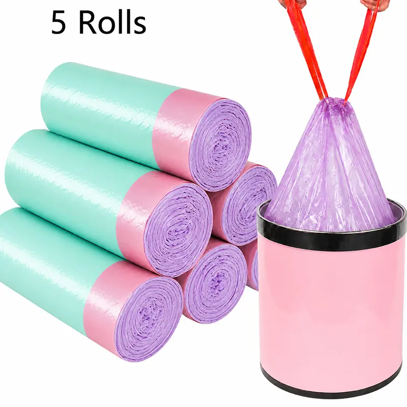 75 pcs/5 Roll Random Color Drawstring Bin Bag, Leak-proof Thick Trash Bag, Household Kitchen Garbage Bag, Home Care Supplies