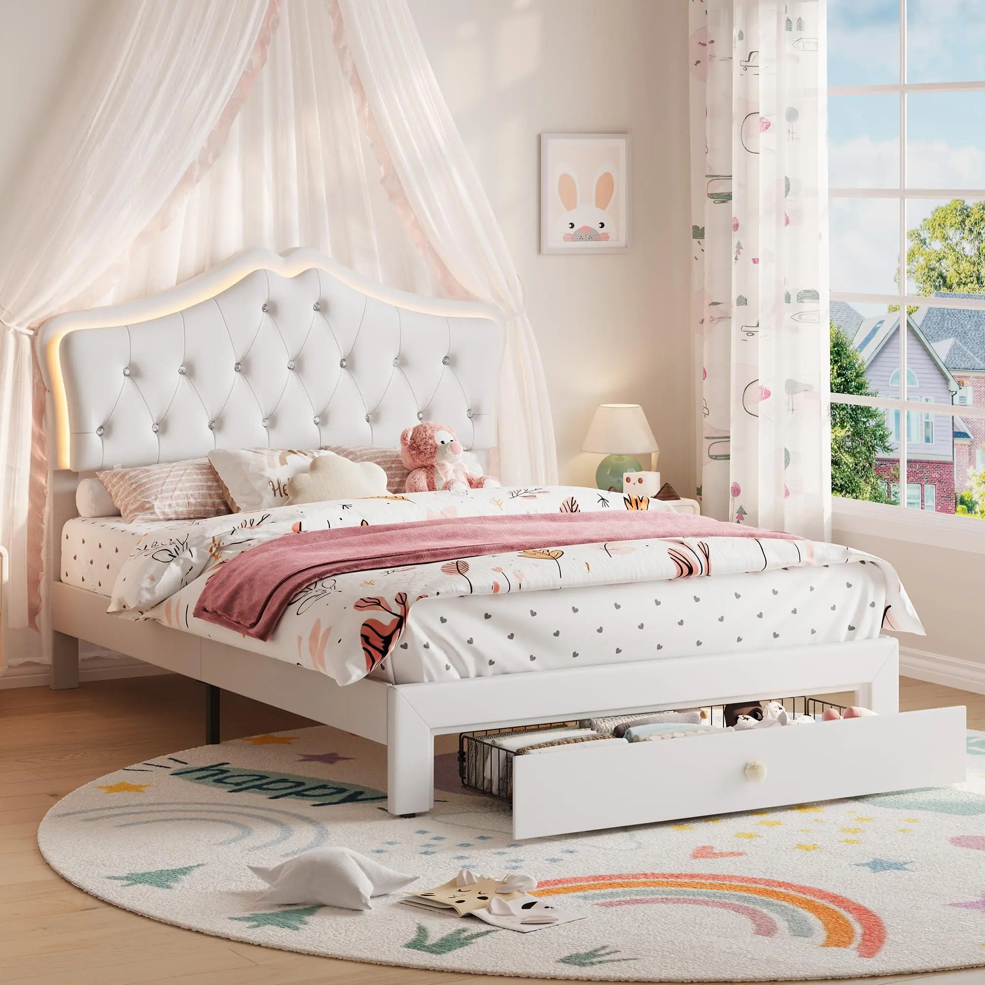 Full Size Bed Frame with LED Lights Headboard, Beige | Upholstered Boy/Girl Platform Bed, Storage Drawer, Velvet Crystal Button, Noise Free, No Box Spring Needed for Kids, Teens