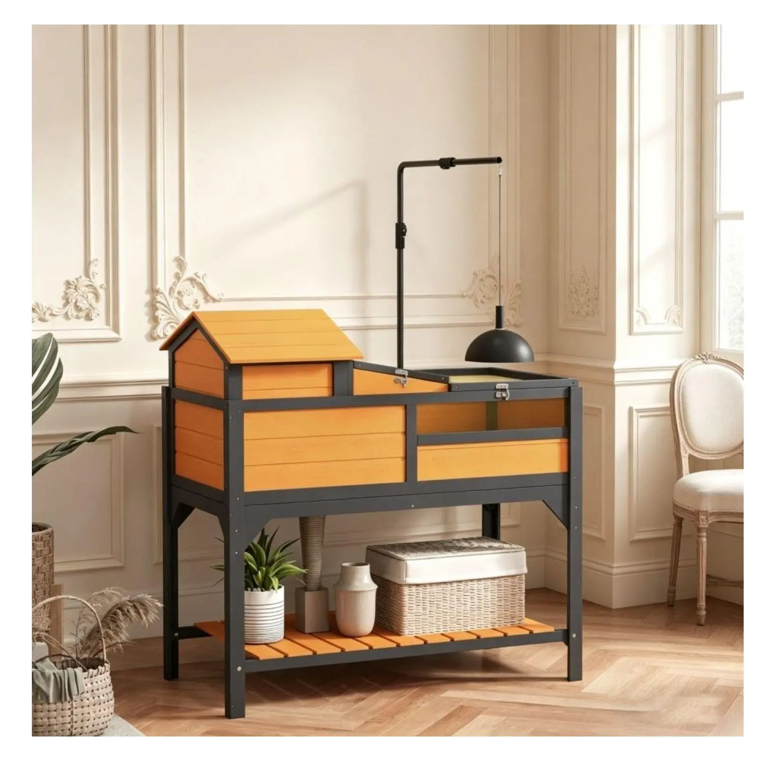 Large Wooden Dual-Level Turtle House with Secure Shelter & Exercise Run - Plastic Waterproof Reptile Habitat, Detachable Adjustable Lamp Holder, Bottom Shelf, 40.2L x 22W x 40.9H in, for Indoor-Outdoor Use