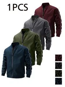 Men’s baseball-collar aviator jacket with side stripe detailing, full zip closure, ribbed collar, cuffs, and hem; side zipper pockets; lightweight, wrinkle-resistant fabric; suitable for spring and autumn commuting, sports, and casual wear.