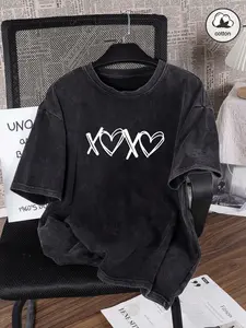 >xoxo Heart Print Washed Graphic Tee, Cute Love Slogan Unisex American Street Short Sleeve, Casual Fitted T-Shirt for Men and Women