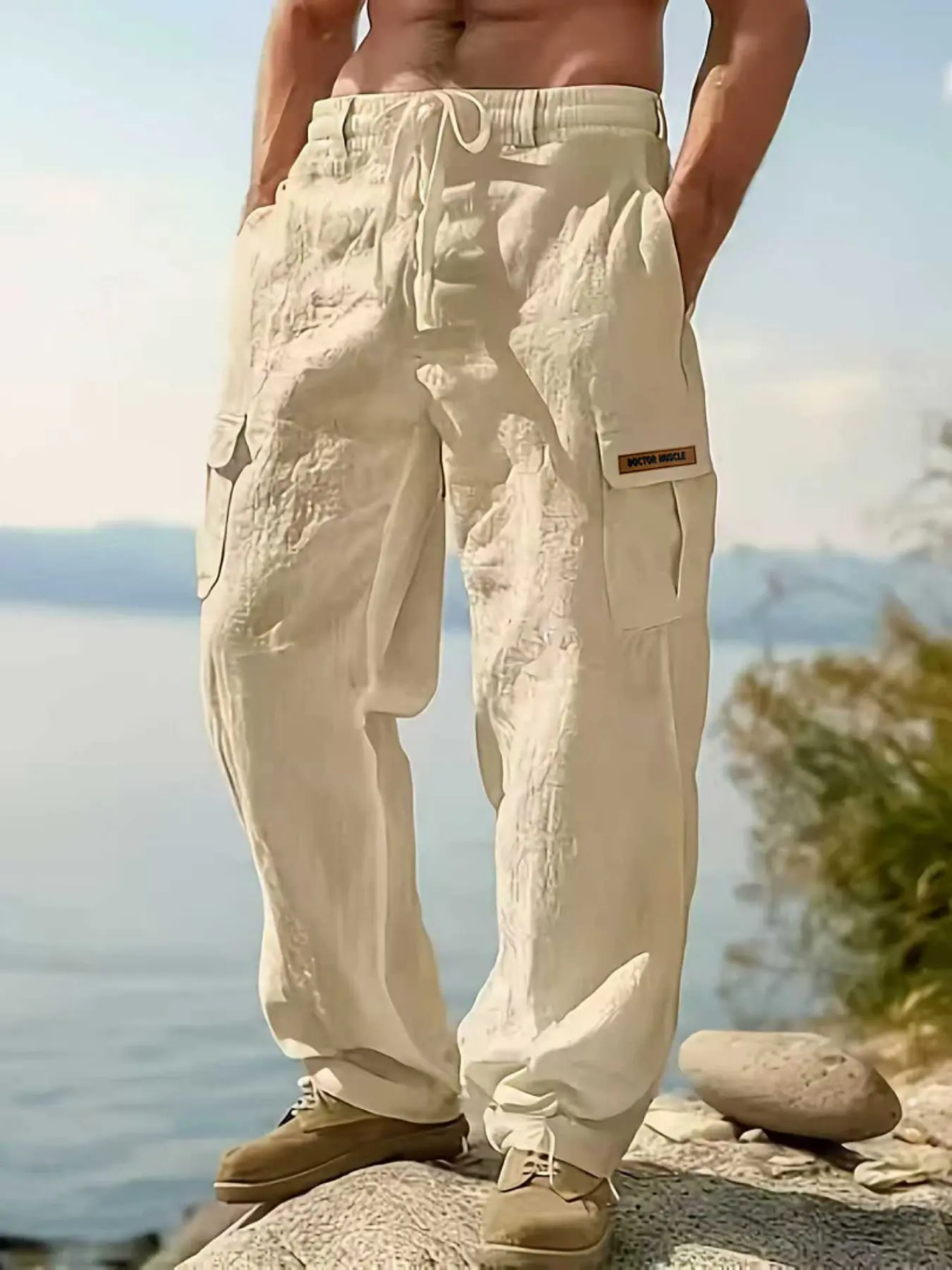 Men's Workwear Linen Pants, Casual Comfy Drawstring Multi-Pocket Straight Leg, Breathable Plain Casual Pants for Spring & Fall, Outdoor Beach Wear