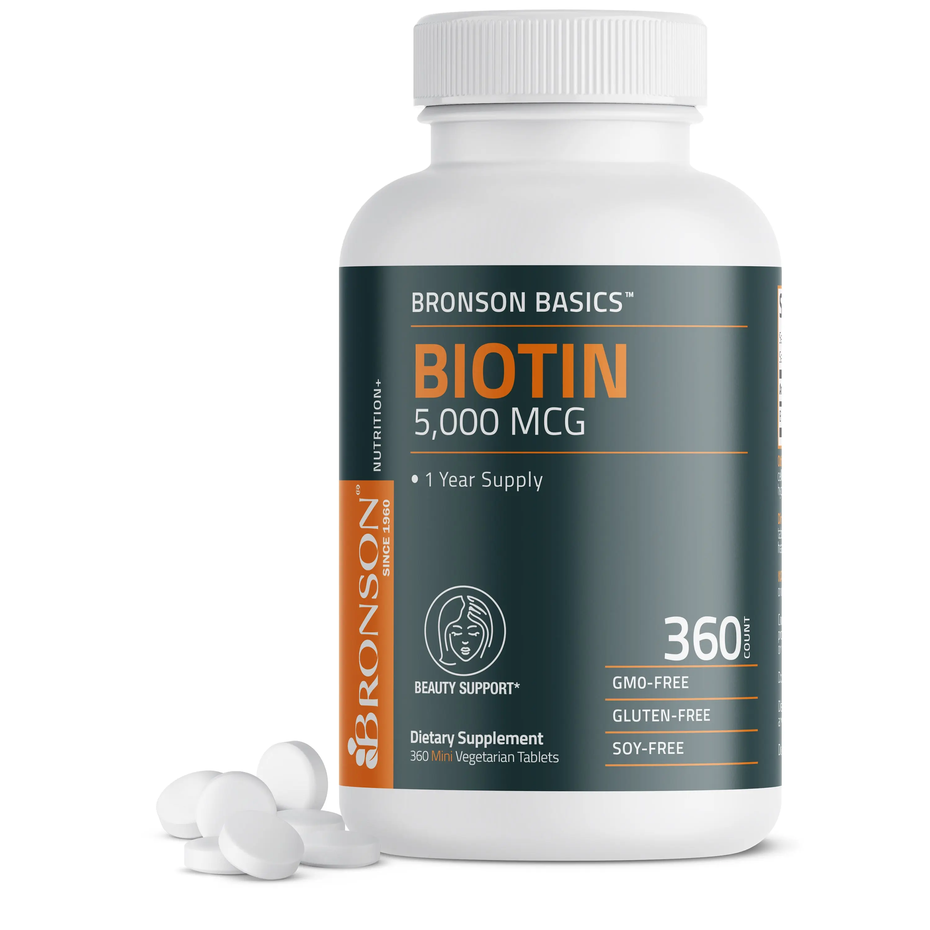 Bronson Biotin 5,000 MCG Supports Healthy Hair, Skin & Nails - 360 Vegetarian Tablets - Non-GMO, 1 Year Supply, Dietary Supplement supplements  women