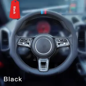 Three-Tone Spliced Napa Leather Steering Wheel Cover, Anti-Slip Breathable Slim Design, Quick Steering, Universal Fit All Seasons Auto Interior Ki