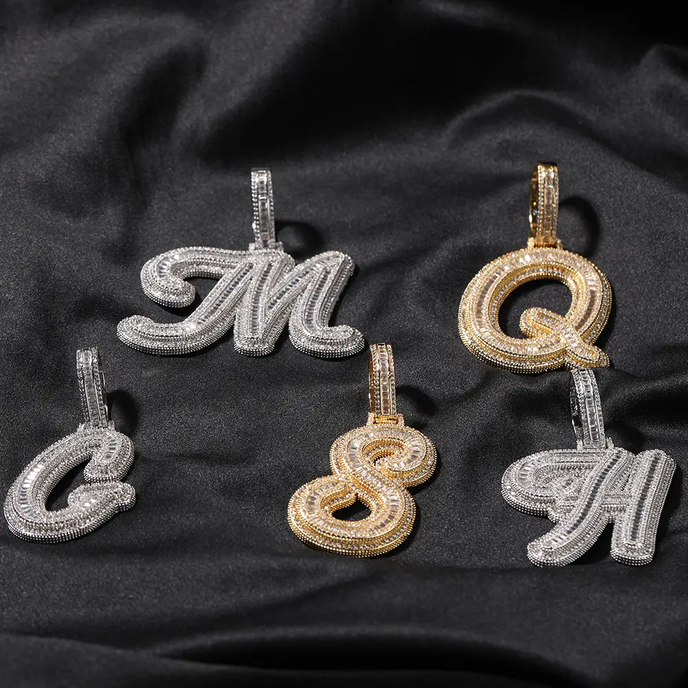 Trend Single Jala Letter Pendant with Copper-set Zirconia Initials Baguette Cursive Letter Pendant Necklace For Men Women Iced Out Hip Hop Chain Fashion Rock Jewelry Gift A-Z