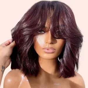 Jessie's Wig [Pandora] 99J Red Glueless Pull Go Wig Wavy Blunt Cut Bob Wig With Curtain Bangs Pre Cut 13x5/6x5 Lace