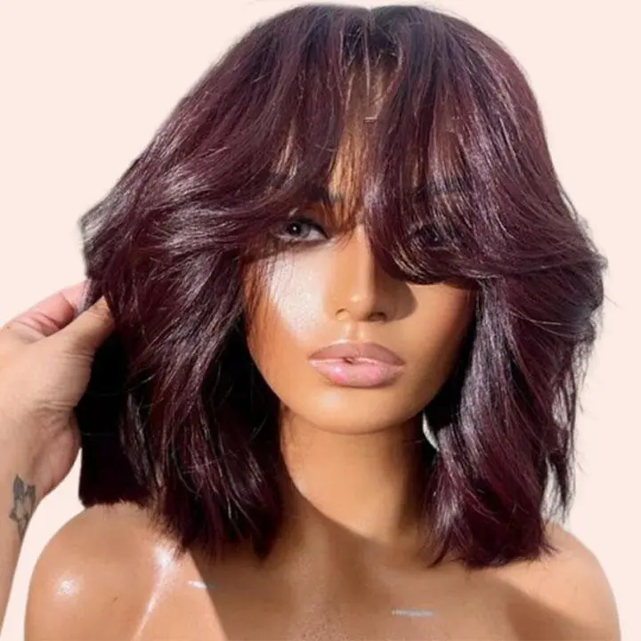 Jessie's Wig [Pandora] 99J Red Glueless Pull Go Wig Wavy Blunt Cut Bob Wig With Curtain Bangs Pre Cut 13x5/6x5 Lace