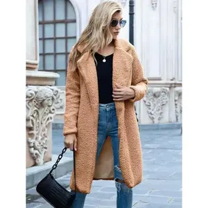 Plus Size Women's Khaki Faux Fur Long Coat, For Autumn/Winter Tops Casual