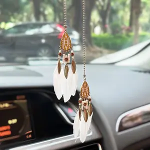 Boho Dream Catcher Car Ornament, Nature Feather Rearview Mirror Pendant,Car Hanging Ornament Decor Accessories for Women (White )