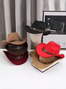 Vintage Western Cowboy & Cowgirl Hat – Wide Brim Fedora Style with Beaded Tribal Band – Retro Rodeo Festival Fashion – Stylish Unisex Felt Hat for Country Concerts, Halloween, Dress Up, Barn Parties, Photoshoots & Outdoor Adventures