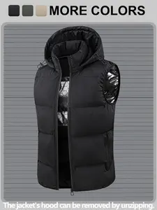 Men's Casual Thickened Hooded Detachable Vest, Stylish Outerwear for Everyday Use, Perfect for Layering & Comfortable Wear
